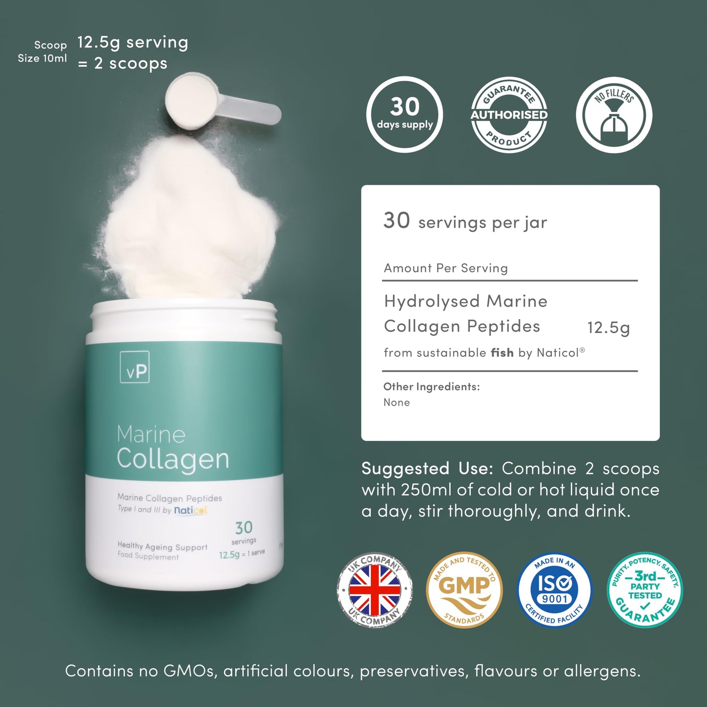 vP Vitality Pro Marine Collagen 375g - 12.5g x 30 Servings - Naticol® Type 1 and 3 - Vitality Pro Hydrolysed Collagen Peptides Supplement - 375 Grams