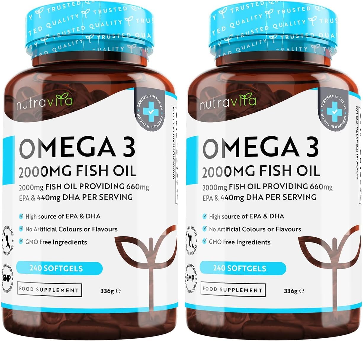 Omega 3 2000mg with 660mg EPA & 440mg DHA per Serving (2 Packs of 240) - 480 Softgel Capsules of Sustainably Sourced Pure Omega 3 Fish Oil - Made in The UK by Nutravita