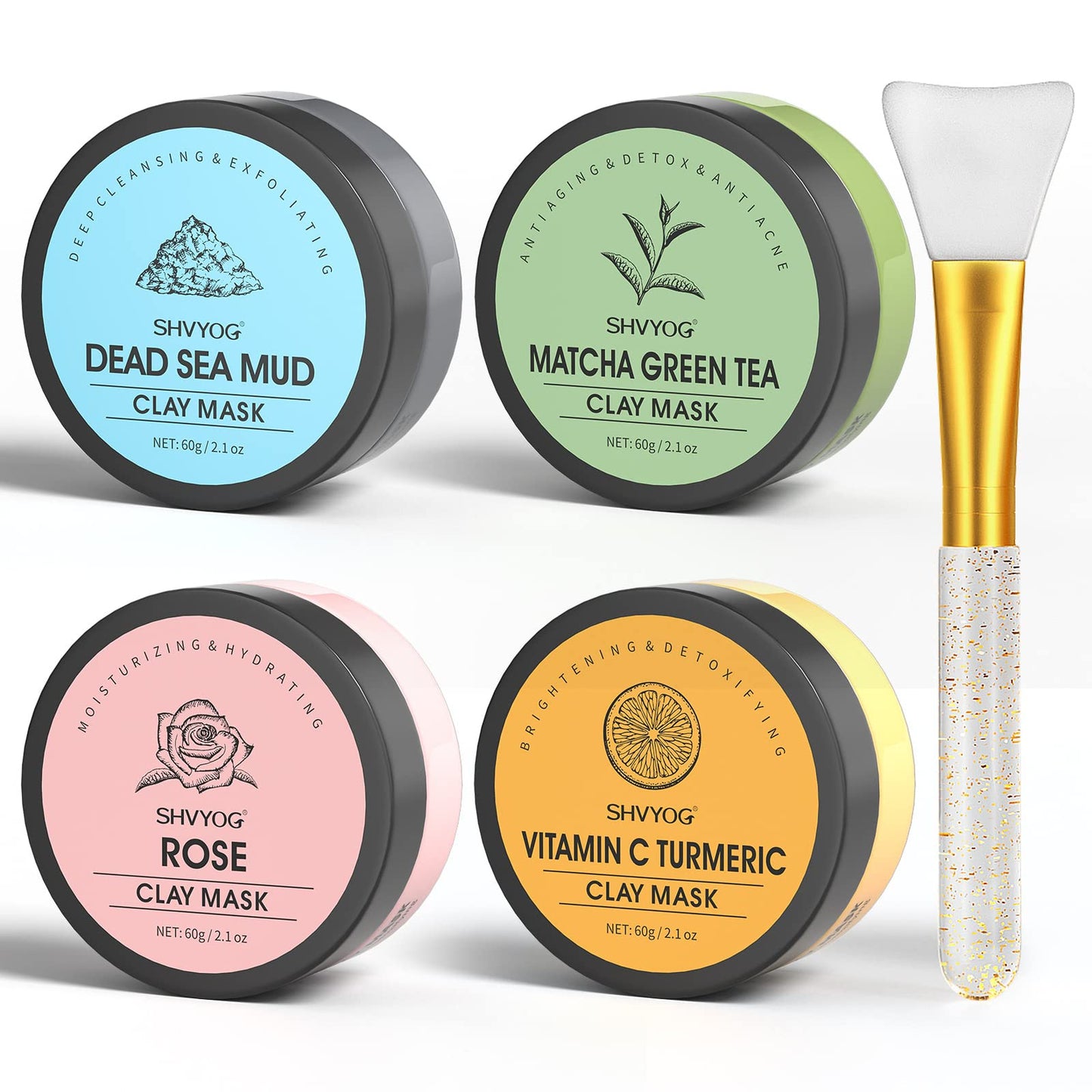 Clay Face Mask Kit, Vitamin C Clay Mask with Turmeric, Dead Sea Mud Mask, Green Tea Mask, Rose Clay Mask, Skin Care Facial Mask for Deep Cleansing, Controlling Oil and Refining Pores (240g in Total)