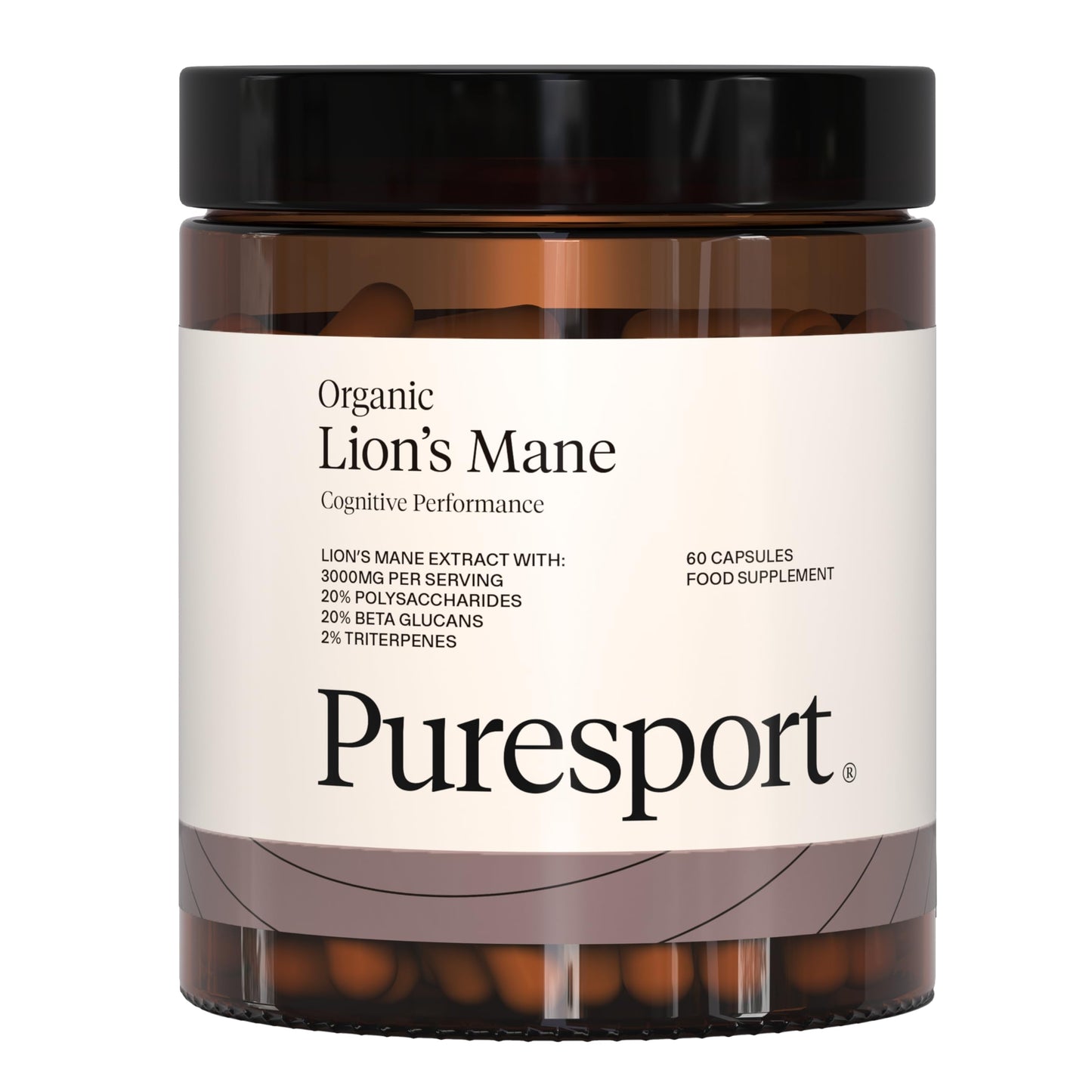 Puresport Lion's Mane Supplement | 60 Capsules | Lion's Mane Mushroom with 30% Polysaccharides | for The Brain Focus, Energy and Memory