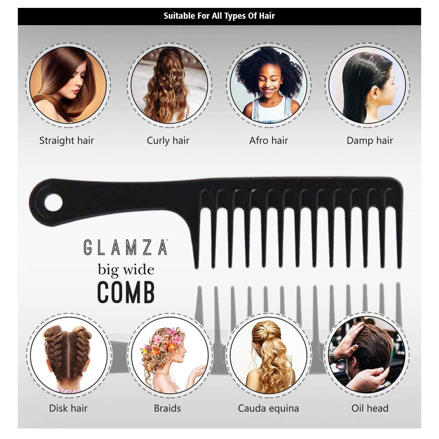 Glamza Wide Tooth Comb GLAMZA Jumbo Wide Detangling Comb - Perfect Afro Comb for Long, Wet or Curly Hair - HUGE 24.5cm Long (Black)