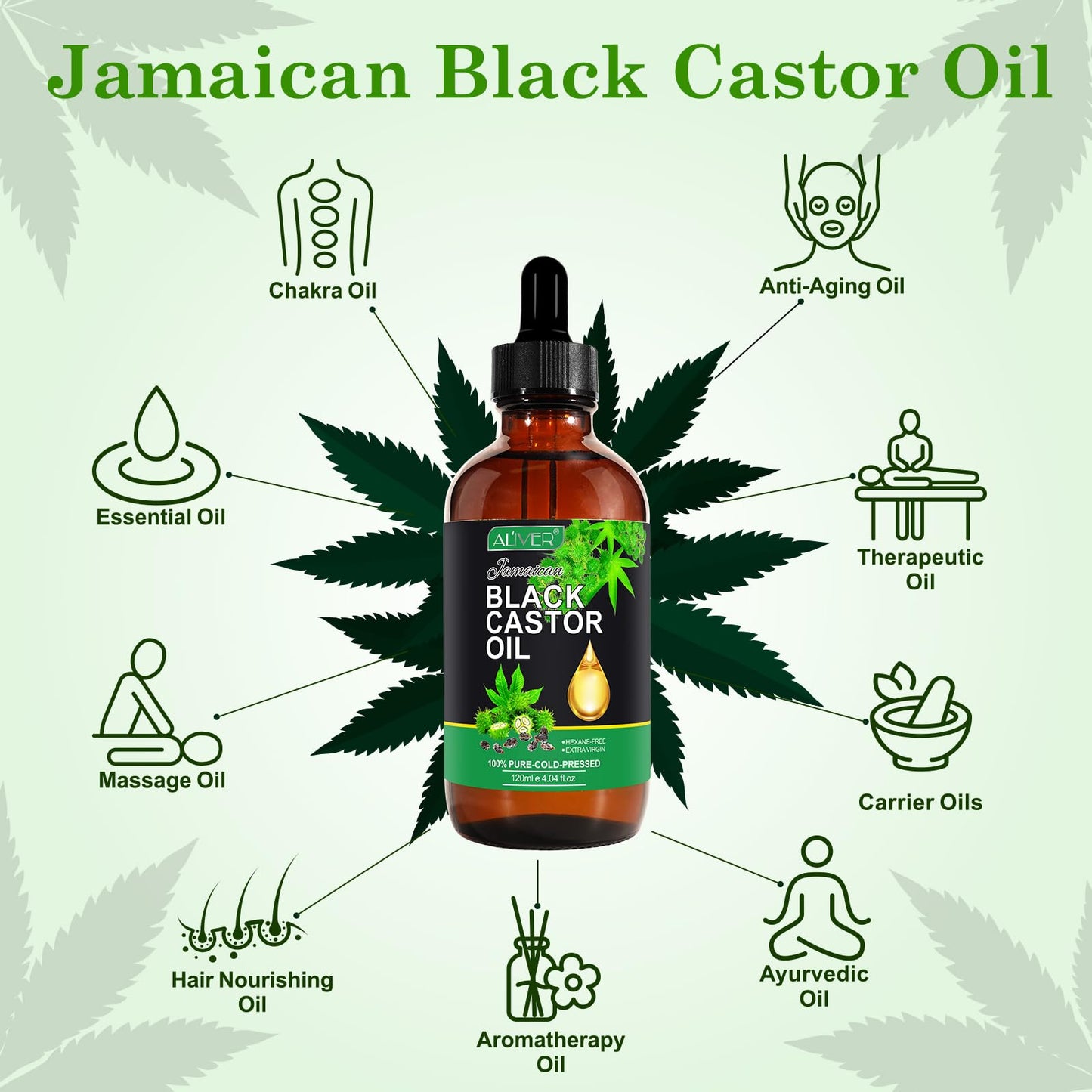 Jamaican Black Castor Oil,120ML Massage Oil for Aromatherapy, 100% Pure Natural Cold Pressed Organic Castor Oil, Stimulate Growth for Hair, Eyelashes,Eyebrows, Skin Moisturizer & Hair Oil and Body Oil