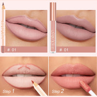 QUIWEN Lip Liner and Lipstick Set,Matte Liquid Lipgloss Highly Pigmented Waterproof Lipstick, Up to 12 Hour Wear, Non-Stick Cup Lip Gloss & Lip Line Pencil Set For Women
