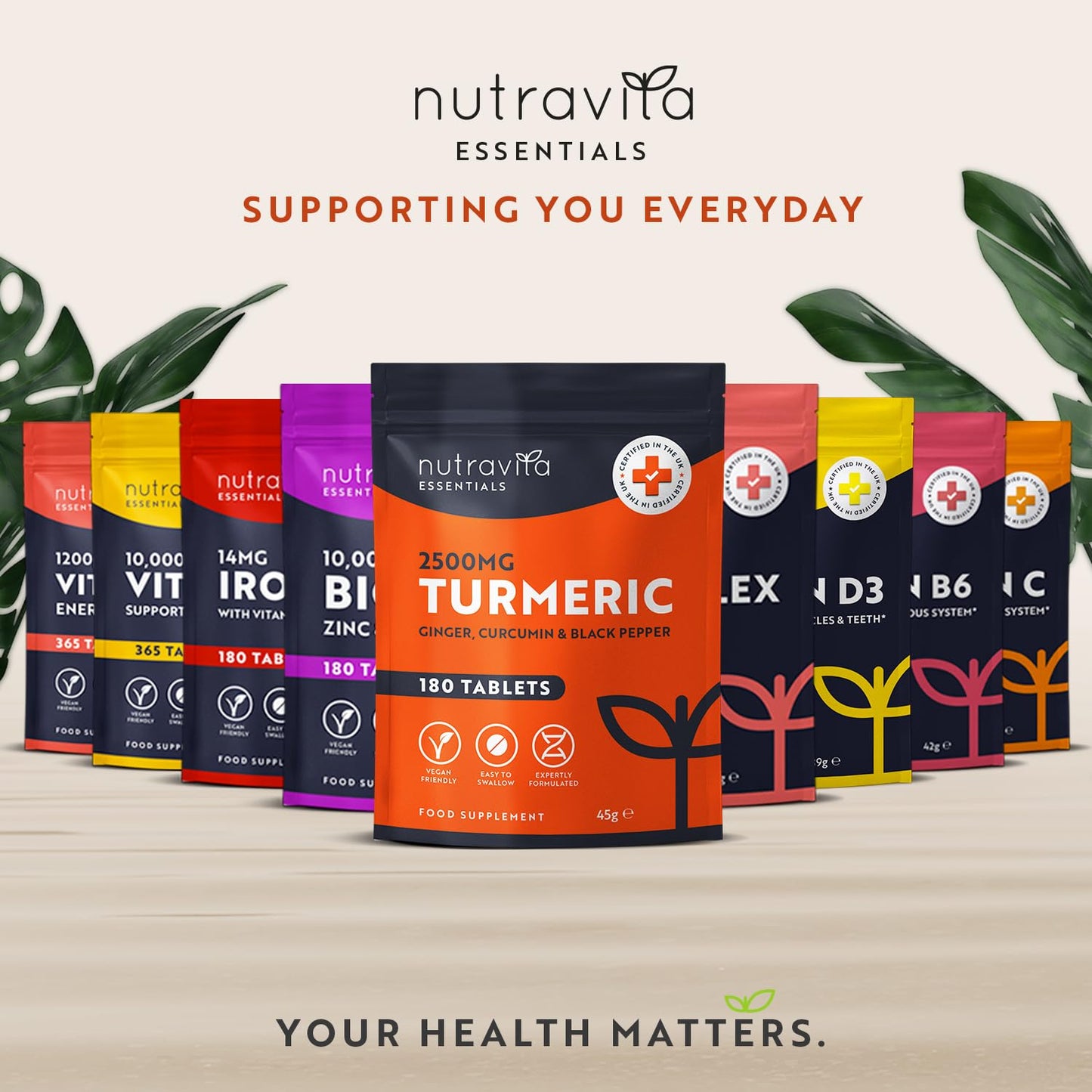 Turmeric Tablets 2500mg with Black Pepper, Ginger & Curcumin - 180 High Strength Tumeric Supplements (3 Month Supply) - Vegan - Alternative to Capsules - Letterbox Friendly - Made in UK - Nutravita