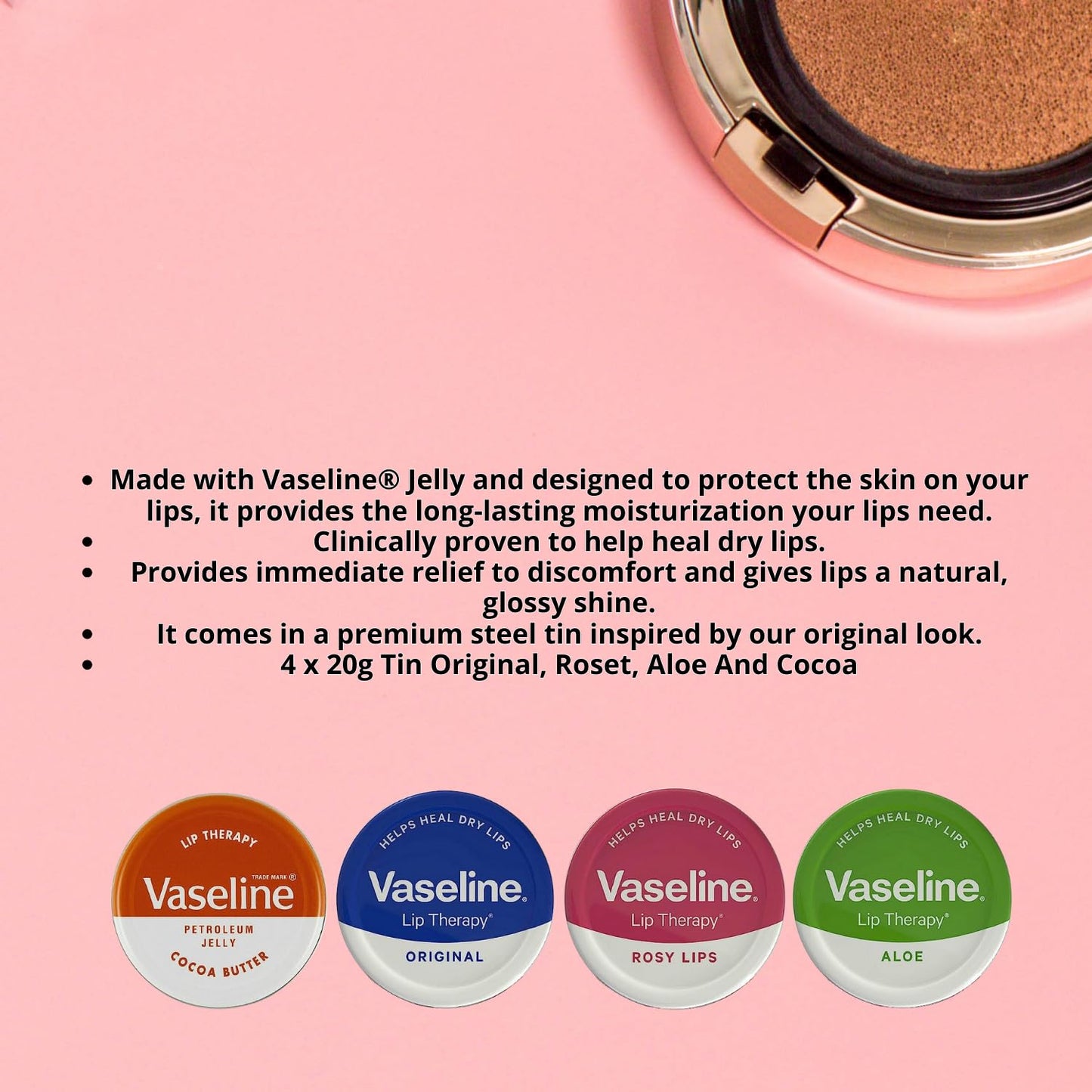Vaseline 4 x Lip Balm - Petroleum Jelly - Lip Therapy - Original, Coconut Butter, Aloe Vera and Rosy, 20g Tub, Soothes Dry Lips