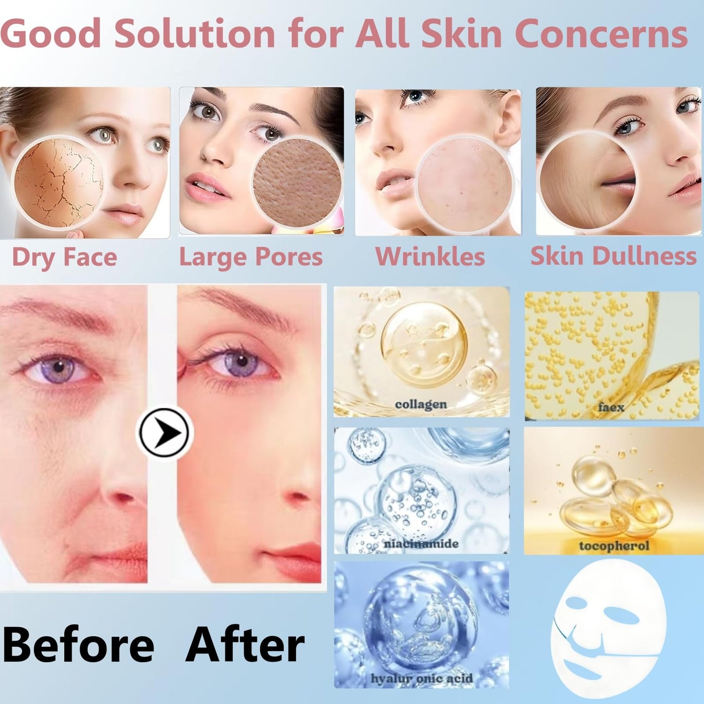 BQQCOB Collagen Mask - Deep Bio Collagen Face Mask - Anti Wrinkle Mask - Hydrating Face Masks - Collagen Treatment Beauty for Firming, Bri_ghtening, Anti-Aging Repair, Korean Face Mask (5Pcs)