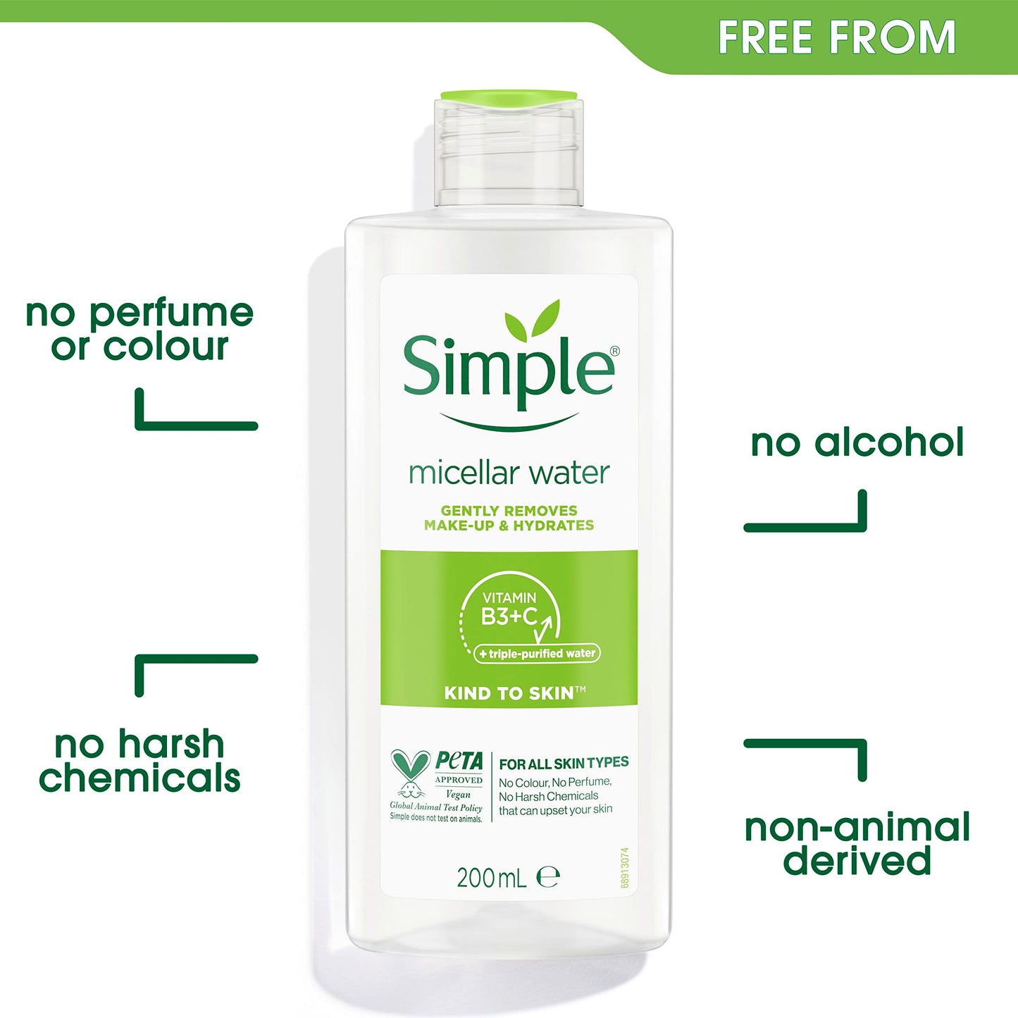 Simple Kind to Skin Cleansing Water Micellar 90% hydration boost facial cleanser and makeup remover, 200ml