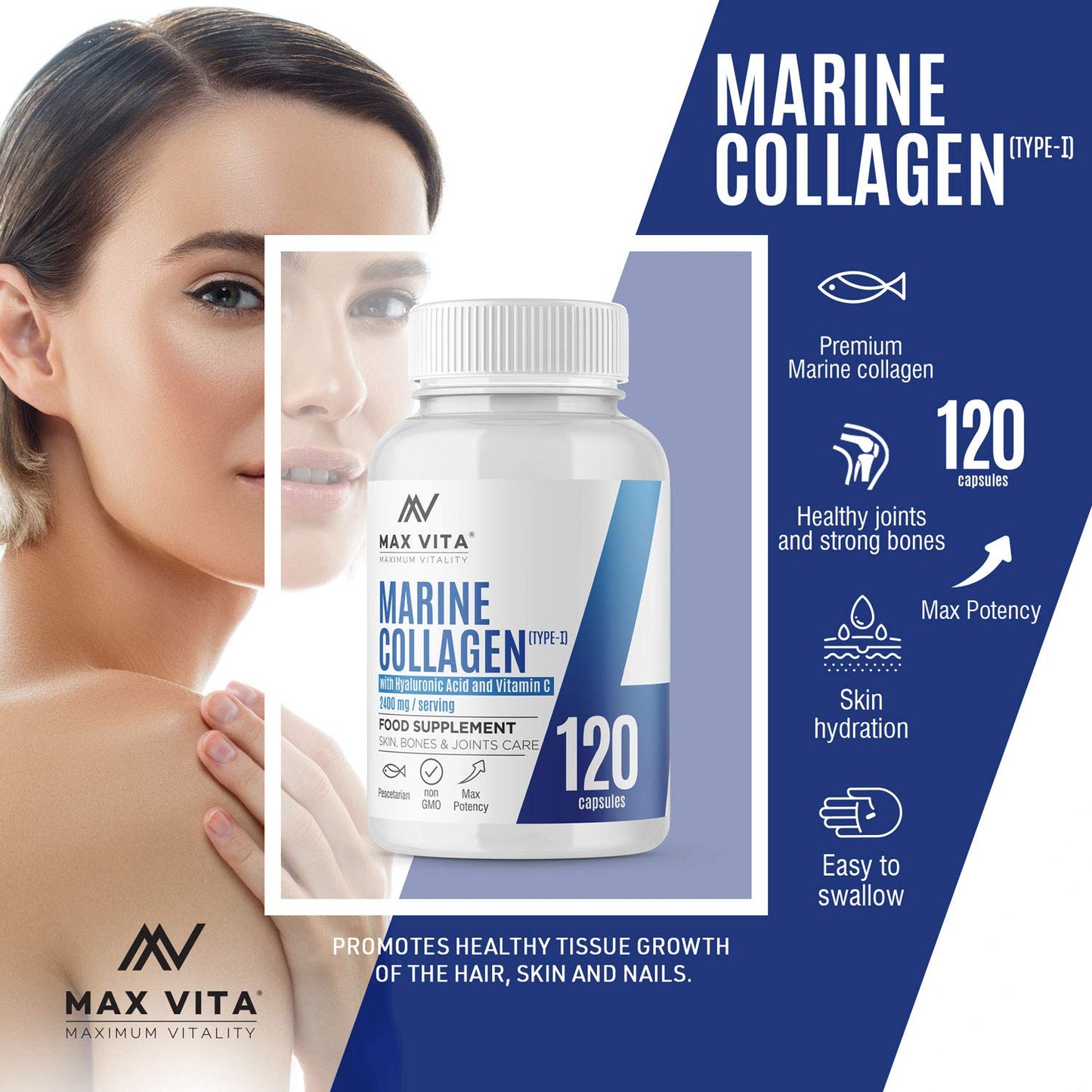 Marine Collagen Type 1 2400mg - 120 Capsules Supplement with Hyaluronic Acid and Vitamin C - High Strength Premium Hydrolysed Collagen Peptides Powder for Healthy Skin Bones & Joints Support