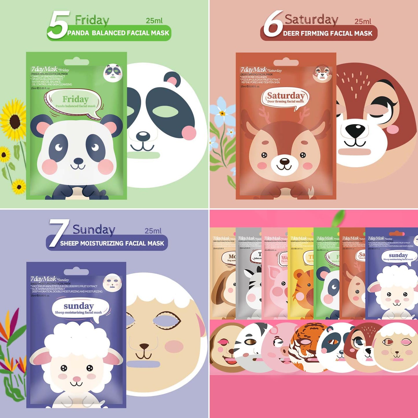 DMQ Sheet Face Masks Set, 7Pcs Face Masks Skincare, Fun Animal Printed Sheet Facial Masks, Face Mask Gift Sets for Teenage Girls Hydrating, Brightening, Soothing, Face Masks Beauty for All Skin Types