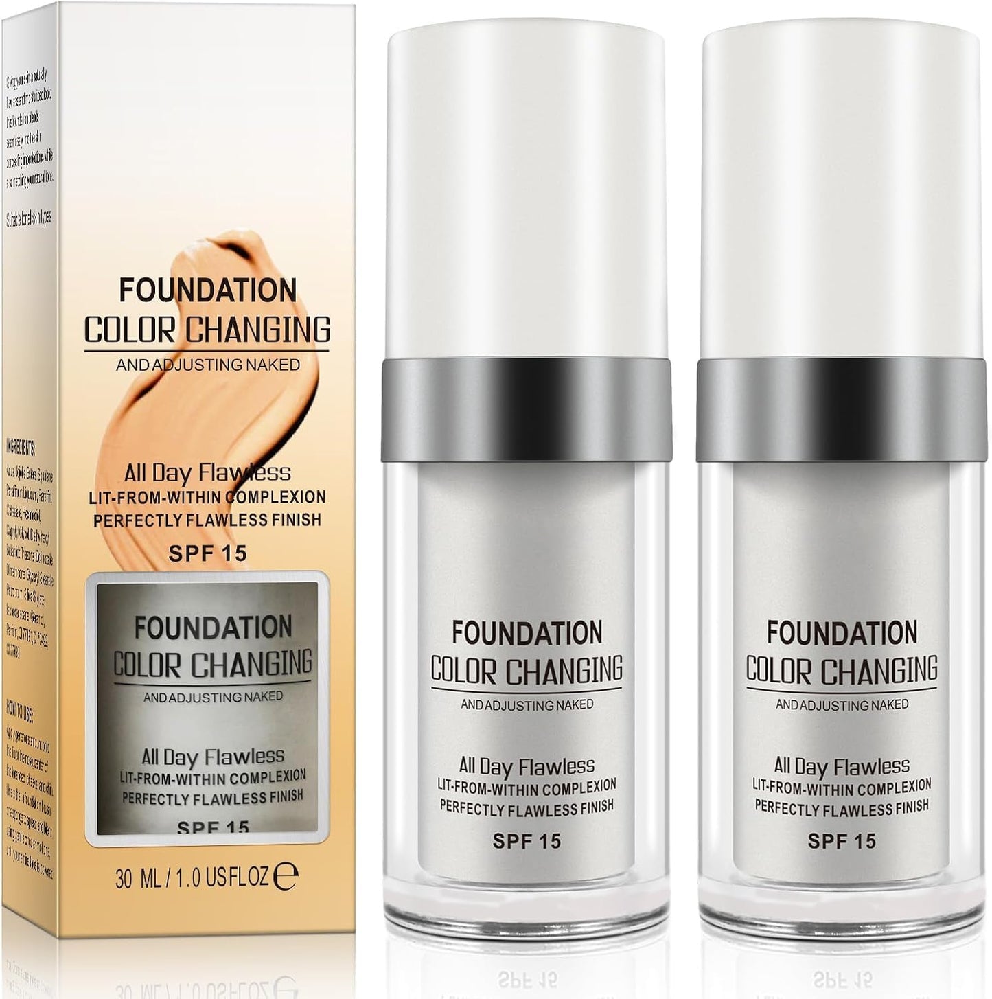 ZyranovaE 2Pack Colour Changing Liquid Foundation,Liquid Makeup Base Nude Face Cover Concealer Cream,Moisturizing, Sunscreen,for all Skin Tone SPF15,30ml
