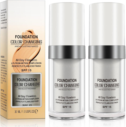 ZyranovaE 2Pack Colour Changing Liquid Foundation,Liquid Makeup Base Nude Face Cover Concealer Cream,Moisturizing, Sunscreen,for all Skin Tone SPF15,30ml