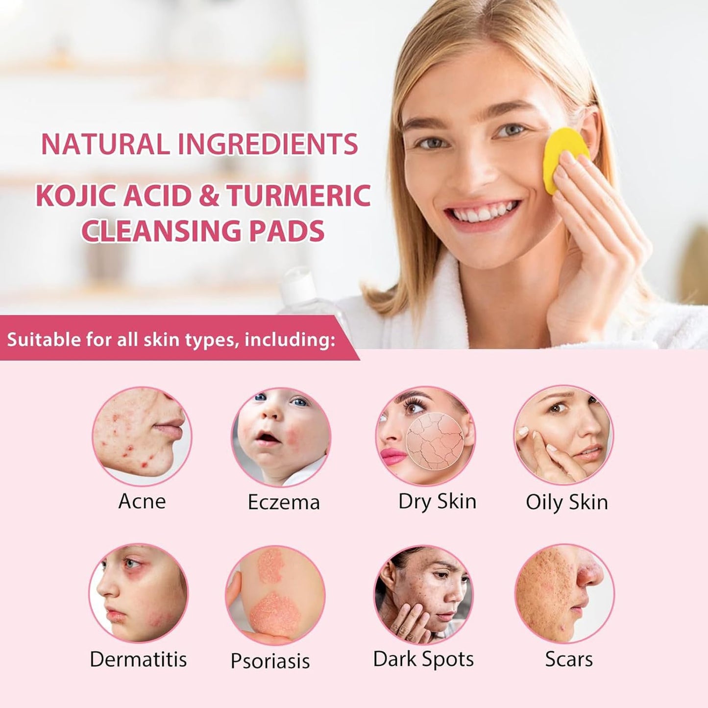HAORQEE Kojic Acid and Turmeric Pads, Kojic Acid Cleansing Pads, Face Exfoliator Facial Sponges for Cleansing and Exfoliating (40PCS)