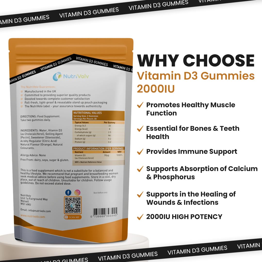 Vitamin D3 Gummies 2000 IU | 60 Chewable Vitamin D Gummies | Vegetarian | Gluten-Free | Sugar Free | Non-GMO | Orange Flavour | High Strength Vitamin D Supplement | Immune Support | by NutriVolv