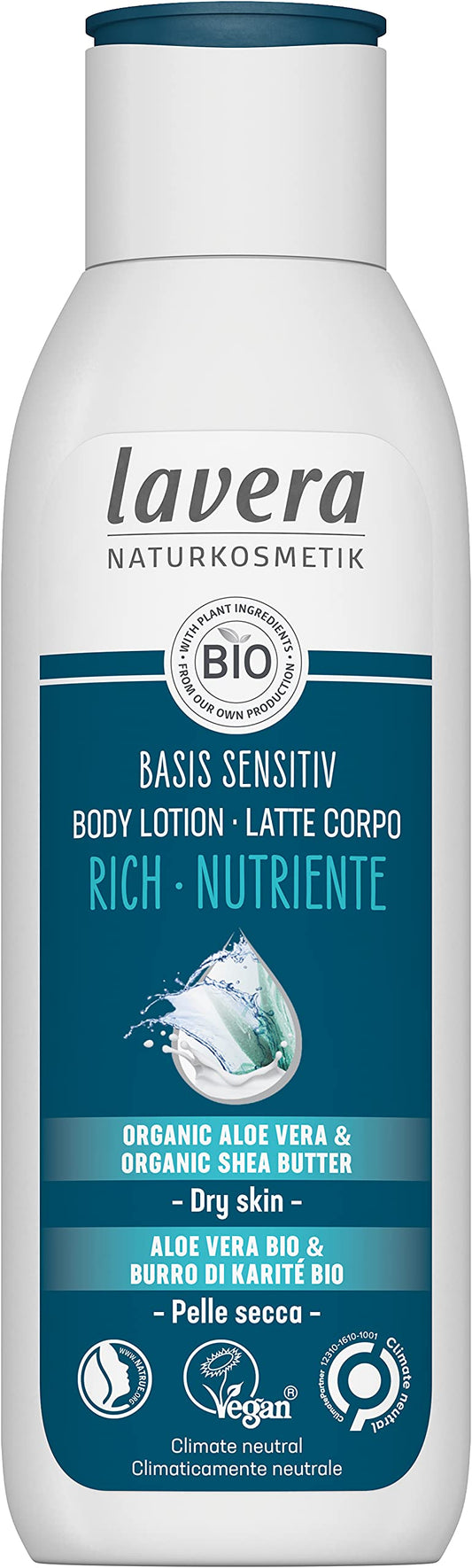 lavera basis sensitiv Body Lotion Rich - Body Lotion with organic Aloe Vera & organic Shea Butter - 24h intense moisture for dry skin - Natural Cosmetics - vegan - organic (1 x 250 ml)