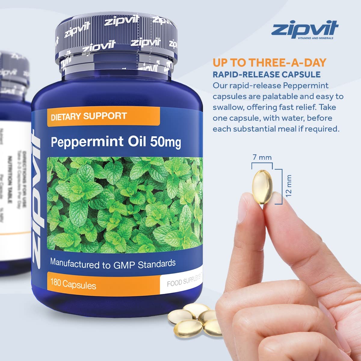 Zipvit Peppermint Oil Capsules 50mg, 180 Peppermint Capsules for Digestive Discomfort. UK Manufactured.