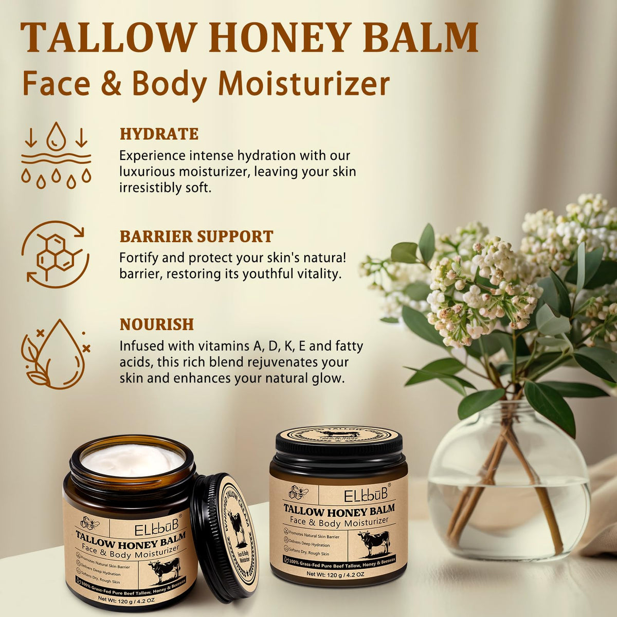 ELBBUB Whipped Tallow Cream for Face & Body - 100% Grass-Fed Beef Tallow, Natural Honey & Beeswax Moisturizer, Deep Hydration & Nourishment, Oil-Free & Unscented, Fast Absorbing