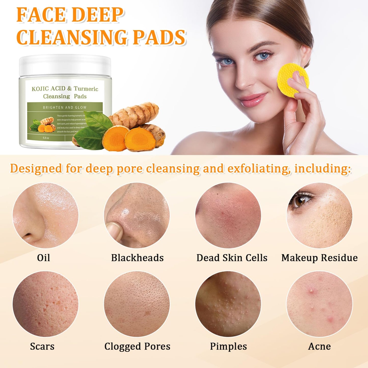 Ceboic Kojic Acid and Turmeric Pads, Turmeric Exfoliating Pads for Face, Turmeric and Kojic Acid Cleansing Pads Facial Sponges for Dark Spots, Acne Scars, Unclog Pores (50 Pads)
