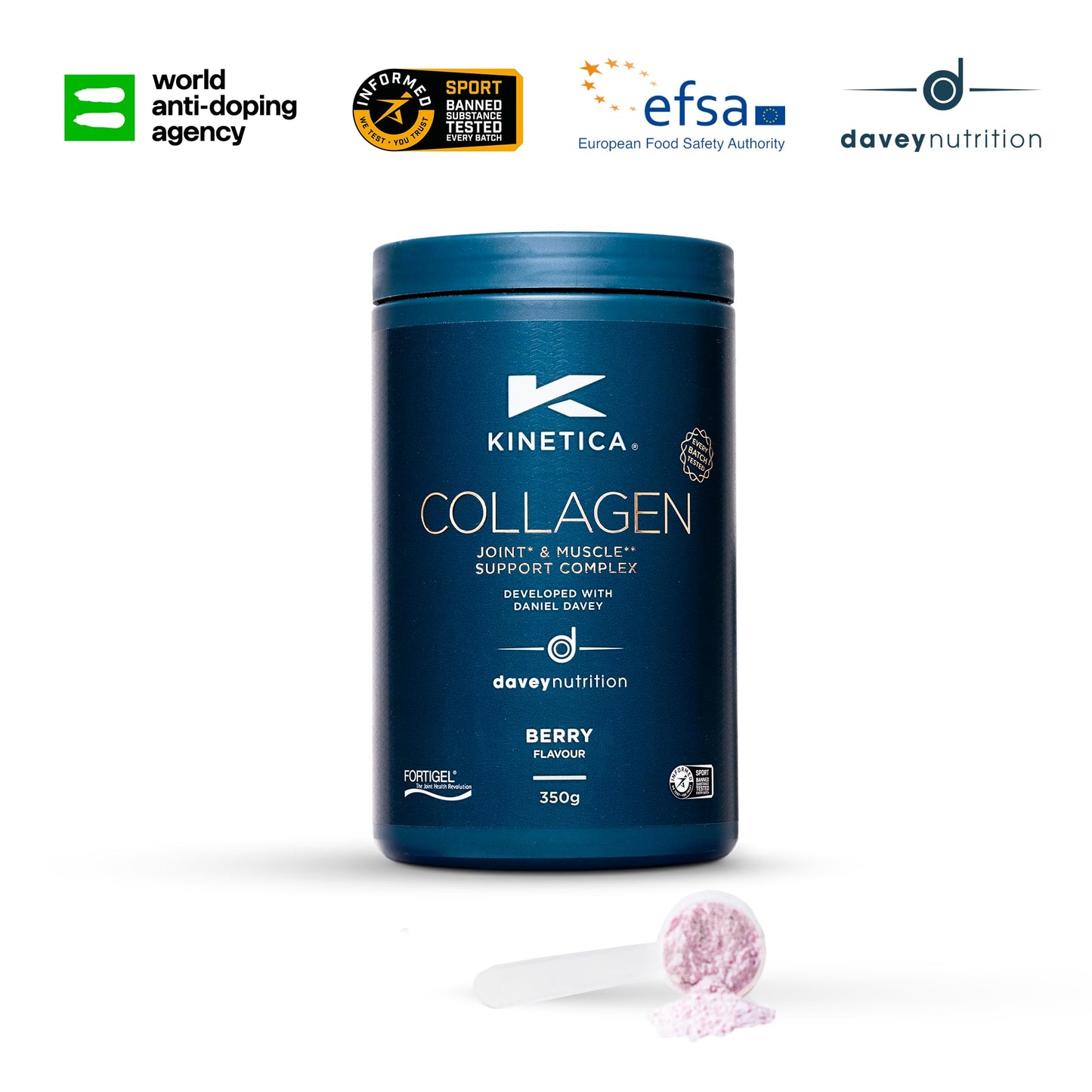 Kinetica Collagen Powder Joint & Muscle Support Complex FORTIGEL Bovine Collagen peptides, 320mg Vitamin C, 5μg Vitamin D, 100mg Hyaluronic Acid, 500mg Glucosamine Sulphate, Berry Flavour, 350g