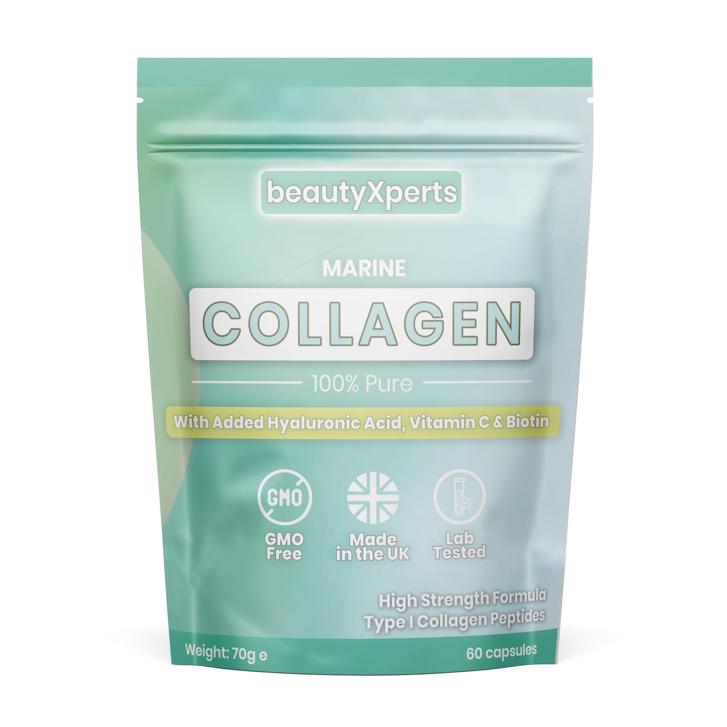 BeautyXperts Marine Collagen Capsules | with Biotin, Hyaluronic Acid & Vitamin C | High Strength Pure Collagen Peptides Supplements for Women and Men | 60 Capsules (Not Tablets or Powder)