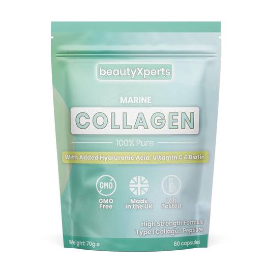 BeautyXperts Marine Collagen Capsules | with Biotin, Hyaluronic Acid & Vitamin C | High Strength Pure Collagen Peptides Supplements for Women and Men | 60 Capsules (Not Tablets or Powder)