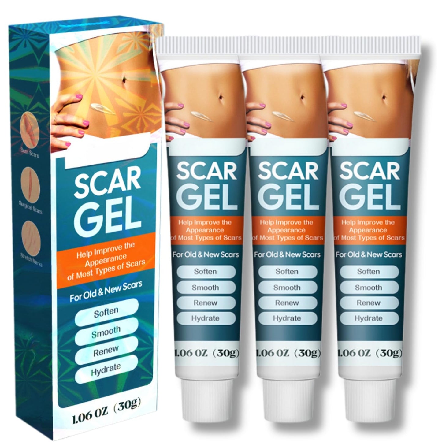 3PCS Scar Gel, Face & Body Scar Removal Cream for Old & New Scars, Stretch Mark Cream & Burn Gel for C-Section, Acne Scars, Improvement of Scar Appearance, Soften, Renew & Smooth Skin, 30G