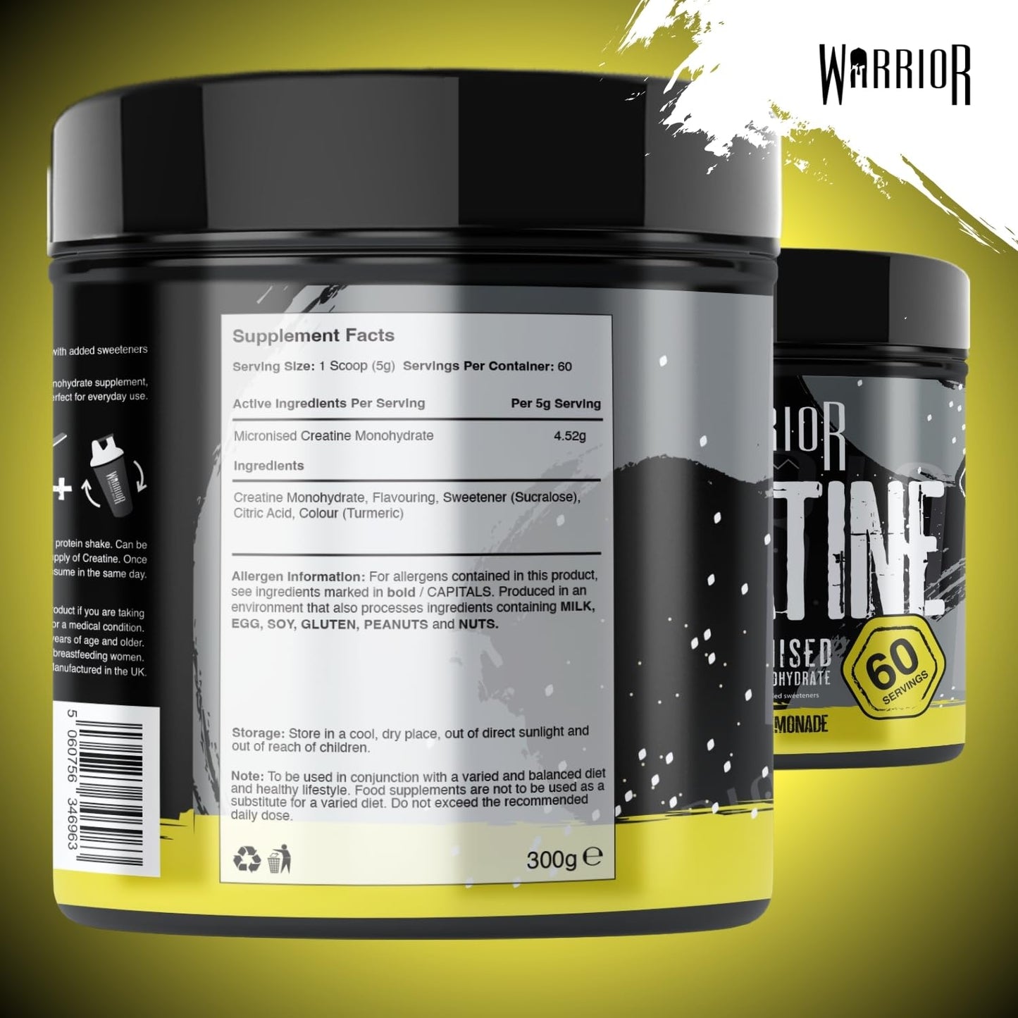 Warrior Creatine Monohydrate Powder 300g – Micronised – Proven to Improve Physical Performance and Recovery, 5g Servings (Lightning Lemonade)