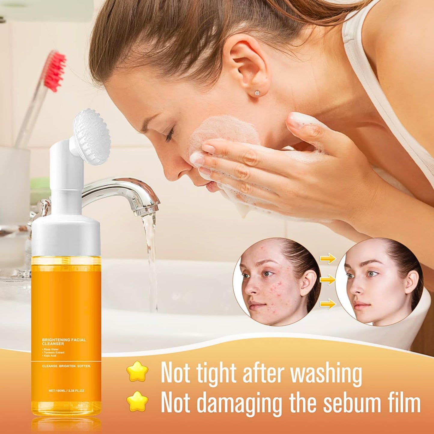 IZBEAUVO Turmeric Kojic Acid Foaming Cleanser, Turmeric Face Wash, Deep Cleansing Foaming Turmeric Oil Cleanser, Ultra-Gentle Clean And Clear Cleanser For Acne Prone Skin, Remove Impurities & Control Shine
