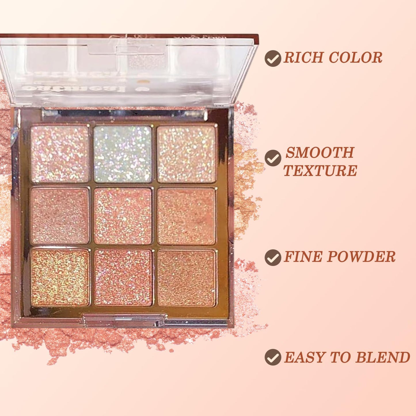 Generic Glitter Eyeshadow Palette – 9-Color Shimmer Eye Makeup in Pink, White & Gold, Highly Pigmented Waterproof Long-Lasting Korean Style Eye Shadow with Brushes