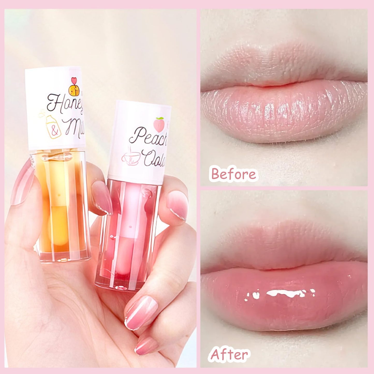 Leogony 2PCS Hydrating Jelly Cute Lip Glow Oil, Plumping Honey & Peach Lip Gloss, Moisturizing Fat Oils Lip Drip Set