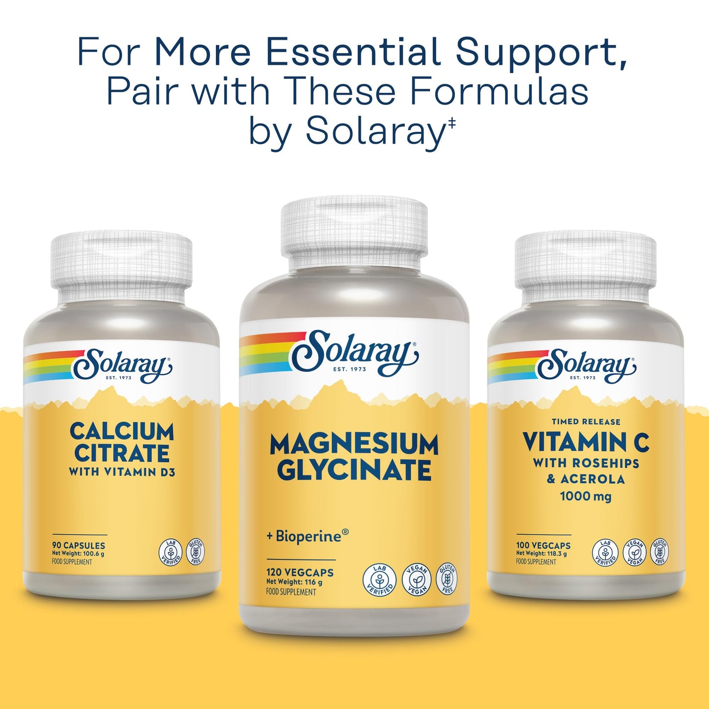 SOLARAY Magnesium Glycinate - 120 Vegan Capsules - High Strength Magnesium Bisglycinate Supplement - with Added Bioperine Black Pepper for Gentle Digestion - Lab Verified - Solaray