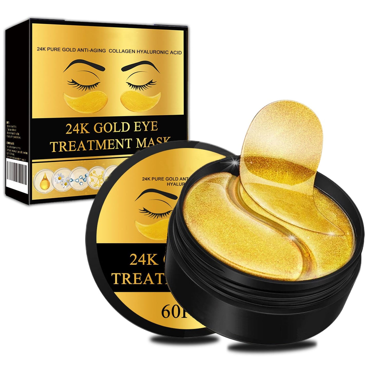 24K Gold Eye Mask, Collagen Eye Patches, Under Eye Gel Patches, Eye Masks for Puffy Eyes Dark Circles Bags Wrinkles Remover for Adults Women Men, Hydrating, Golden Pads 60PCS