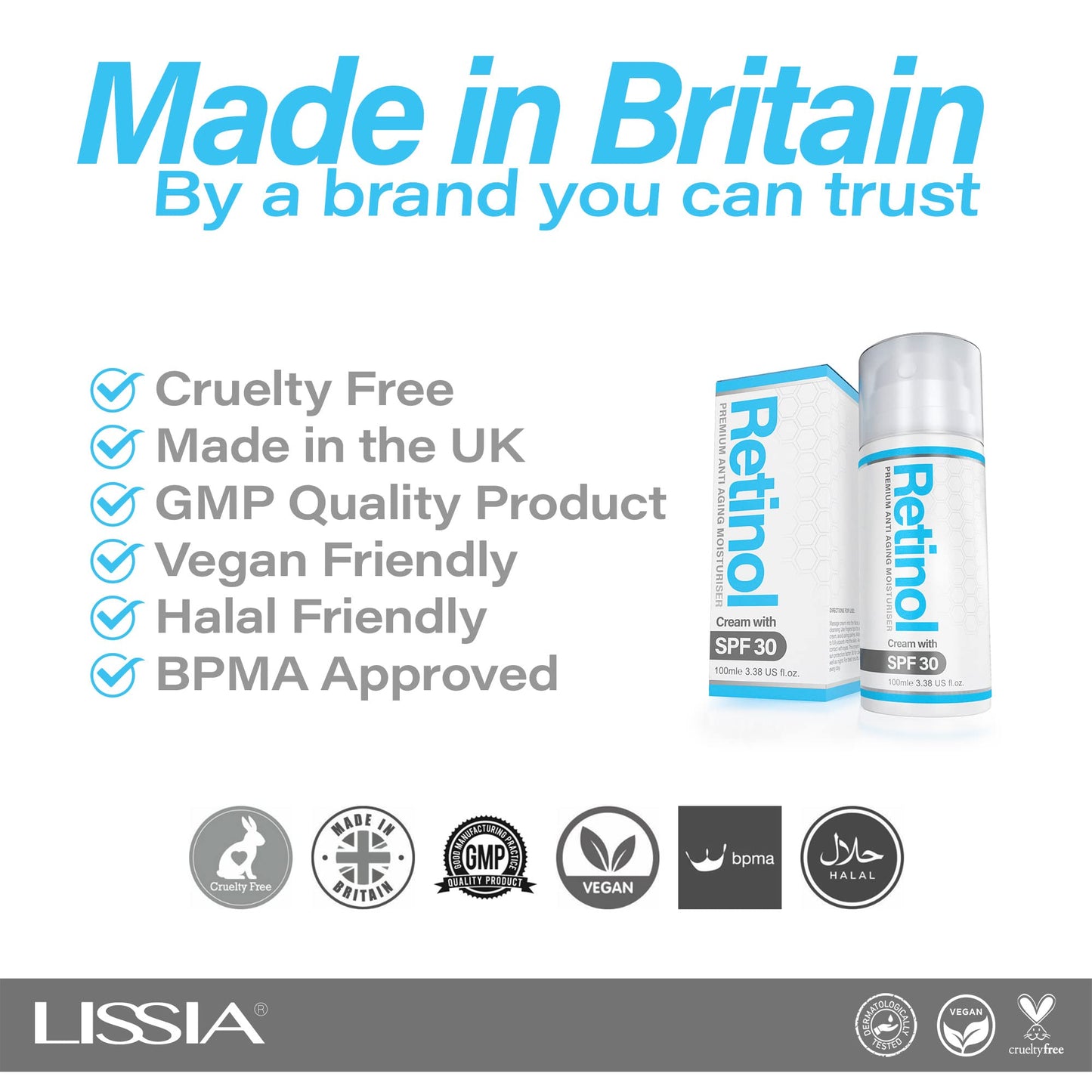 Lissia Retinol Cream with SPF30 - (Double Size) 100ml | Made in the UK - Anti Aging Face Cream for Day or Night, Vitamin A & E | Cruelty Free