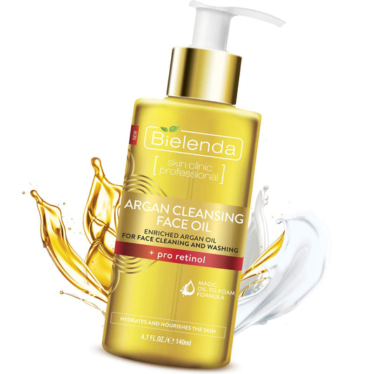 Bielenda Argan Face Oil - Essential Face Treatment Cleans Removes Makeup Deeply Moisturizes And Nourishes The Skin - Anti-Aging Effect Against Wrinkles - Argan Cleansing Face Oil With Pro-Retinol - 140 ml