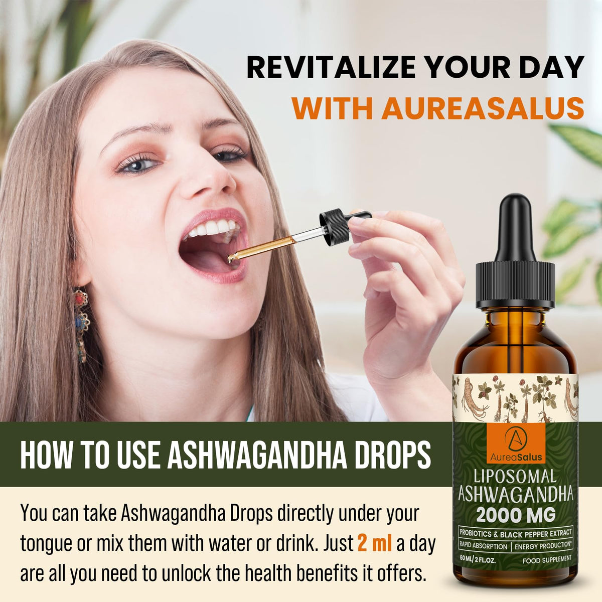 AureaSalus Liposomal Ashwagandha Drops 2000mg, Pure Natural Ashwagandha Extract, Enrich Probiotics & Black Pepper Extract, Stress Relieve Supplements, Increase Energy (60 ml (Pack of 1))