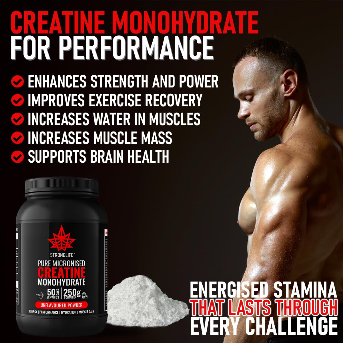 Creatine Monohydrate Powder by Stronglife - 250 grams, 50 Servings at 5 grams, Micronised, Pure 200 Mesh, Unflavoured - Enhances Muscle Performance Power & Recovery (250 Grams)