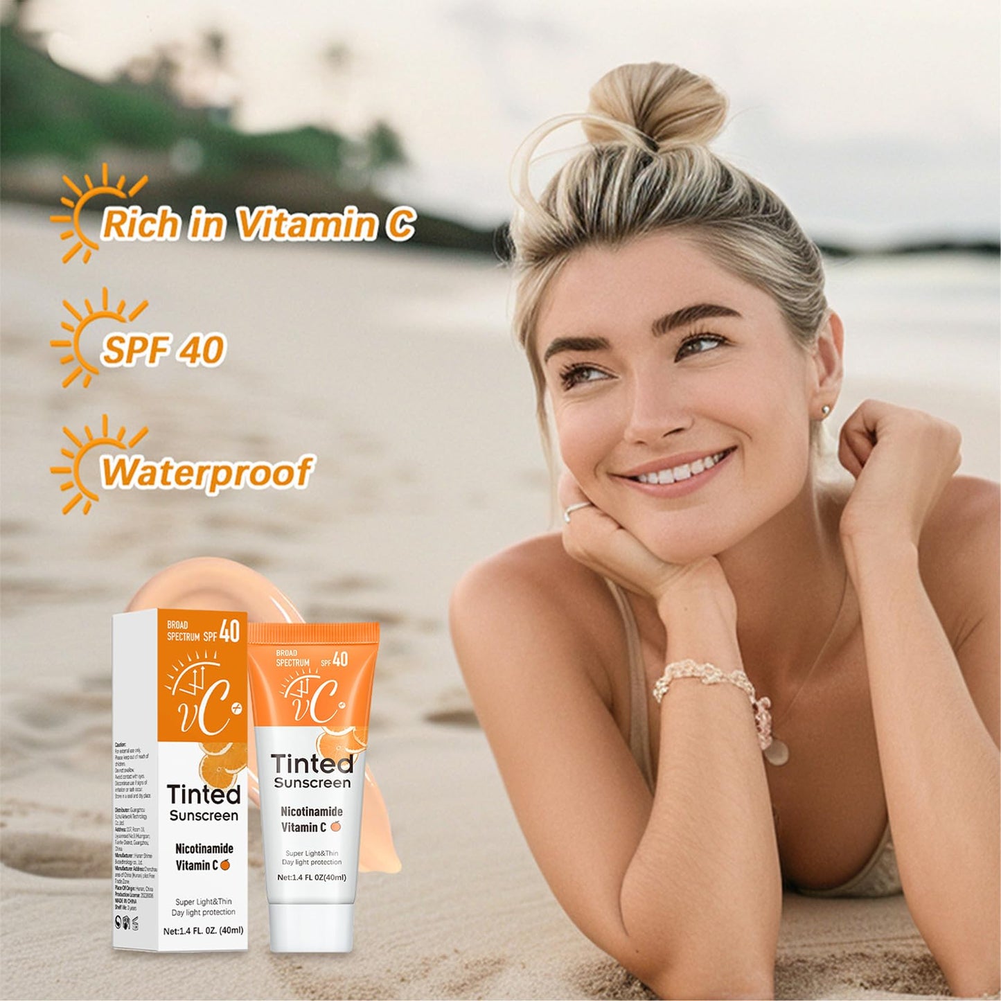CTUBLIAUNX Tinted Sunscreen SPF 40, Vitamin C Tinted Moisturiser with SPF Anti-Ageing & No White Residue, Tinted Sunblock, Sun Cream Universal Shade for All Skin Tones