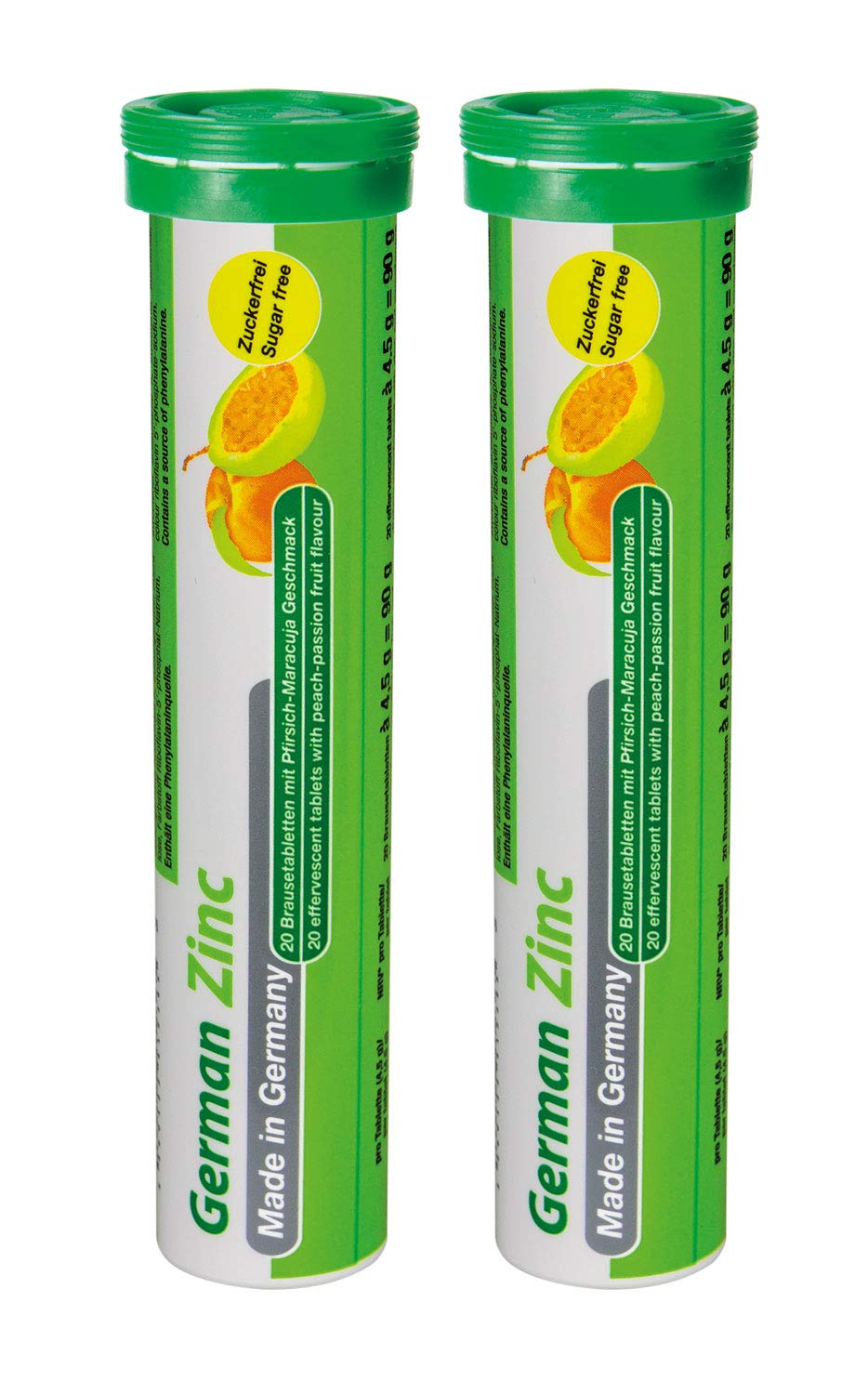 Zinc 5 mg - 2 x 20 effervescent Tablets - Peach and Passion Fruit Flavor - T&D Pharma German Magnesium - Made in Germany
