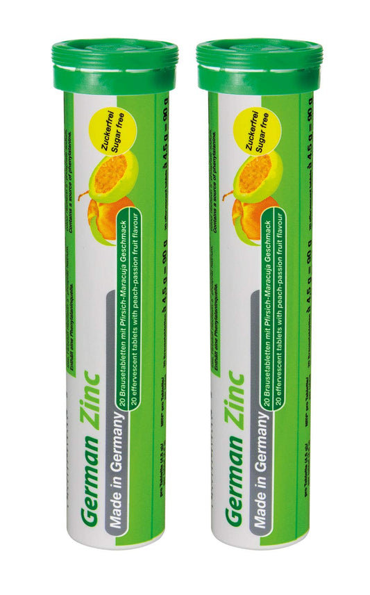 Zinc 5 mg - 2 x 20 effervescent Tablets - Peach and Passion Fruit Flavor - T&D Pharma German Magnesium - Made in Germany