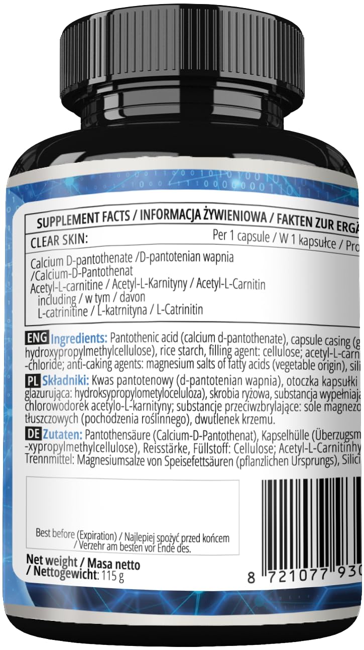 Clear Skin - Vitamin B5 200mg (Pantothenic Acid) and Acetyl-L-Carnitine 70mg, 180 Vegan Capsules, 6 Months Supply, Anti-Acne, Enhanced Skin Health, Diet Supplement - by Apollo's Hegemony