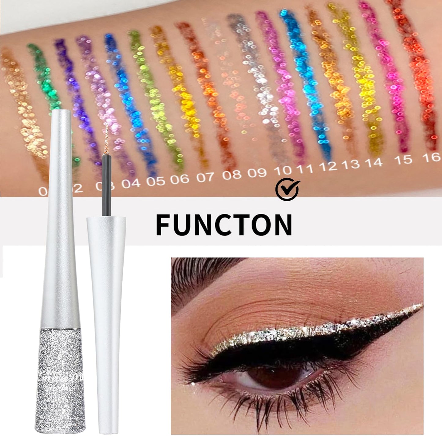 HAORQEE Glitter Eyeliner Silver Liquid Eyeliner Coloured Eye Liner Eye Glitter Makeup, Waterproof Sparkle Long-Lasting Silver Metallic Shimmer White Eyeshadow Coloured Eyeliner(Silver)