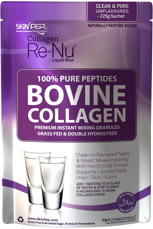 Collagen Powder, (225g) Ultra Premium Bovine Hydrolysed Peptides Granules by SkinPep - Halal & Kosher High Levels of The 8 Essential Amino Acids, Clean Unflavoured Taste & Smell