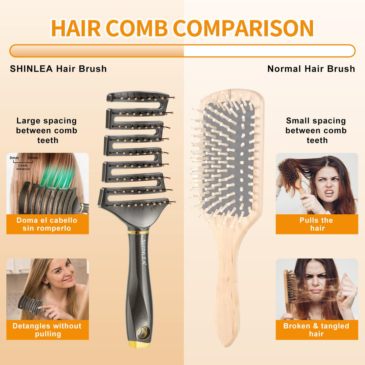 SHINLEA Detangling Hair Brush, Wet Brush Detangler for Women, Men & Kids, Anti-Tangle Vented Paddle Brushes for Wet, Dry, Straight & Curly Extension Hair, Unique Fishbone Design, Styling Tool