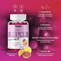 Weider Relax Gummies (40 Gums) Citrus Punch Flavour. Gummies with L-Theanine, L-Tryptophan, Passionflower and Lemon Balm extracts, Vitamin B6. Facilitates Relaxation. No Added Sugars, Gluten-Free.