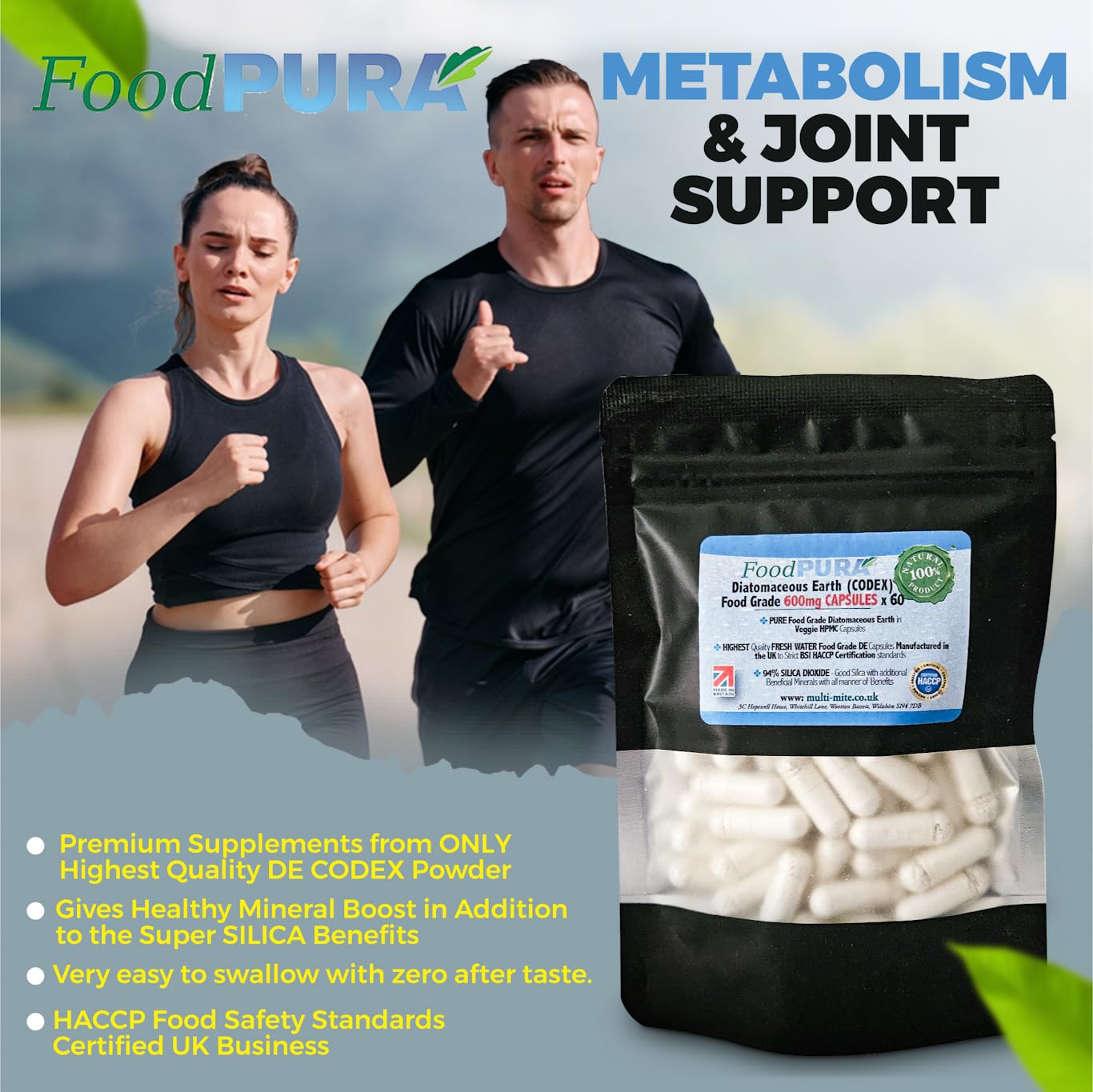 FoodPURA Food Grade Diatomaceous Earth Capsules (Codex) Pure White 94% Silica Fresh Water Sourced 600mg (60)