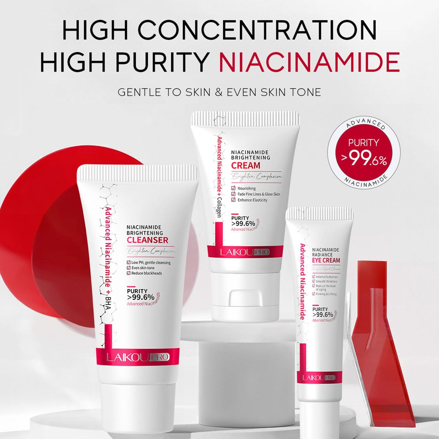Grospe Niacinamide Skincare Set with Cleanser & Eye Cream & Face Cream Highly Concentrated and Pure Niacinamide Brightening Moisturising Delay Skin Aging Even Skin Tone 3-Piece Travel Size Skincare Set