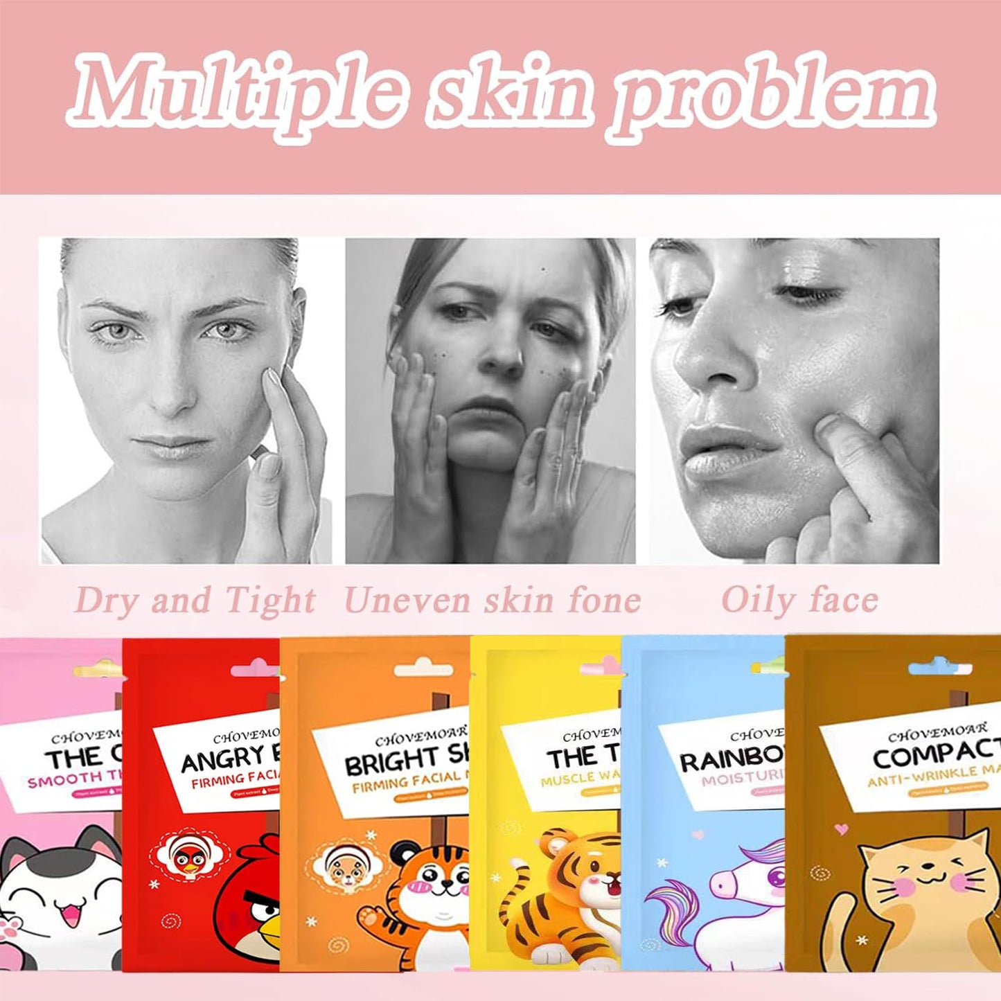 ChicNana 6Pcs Sheet Mask, Face Mask Set for Teenage Girls, Fun Animal Printed Sheet Face Masks, With Tiger and Cat Easy Use Face Mask Gift Set, Hydrating, Soothe, Brighten, Face Masks for All Skin Types