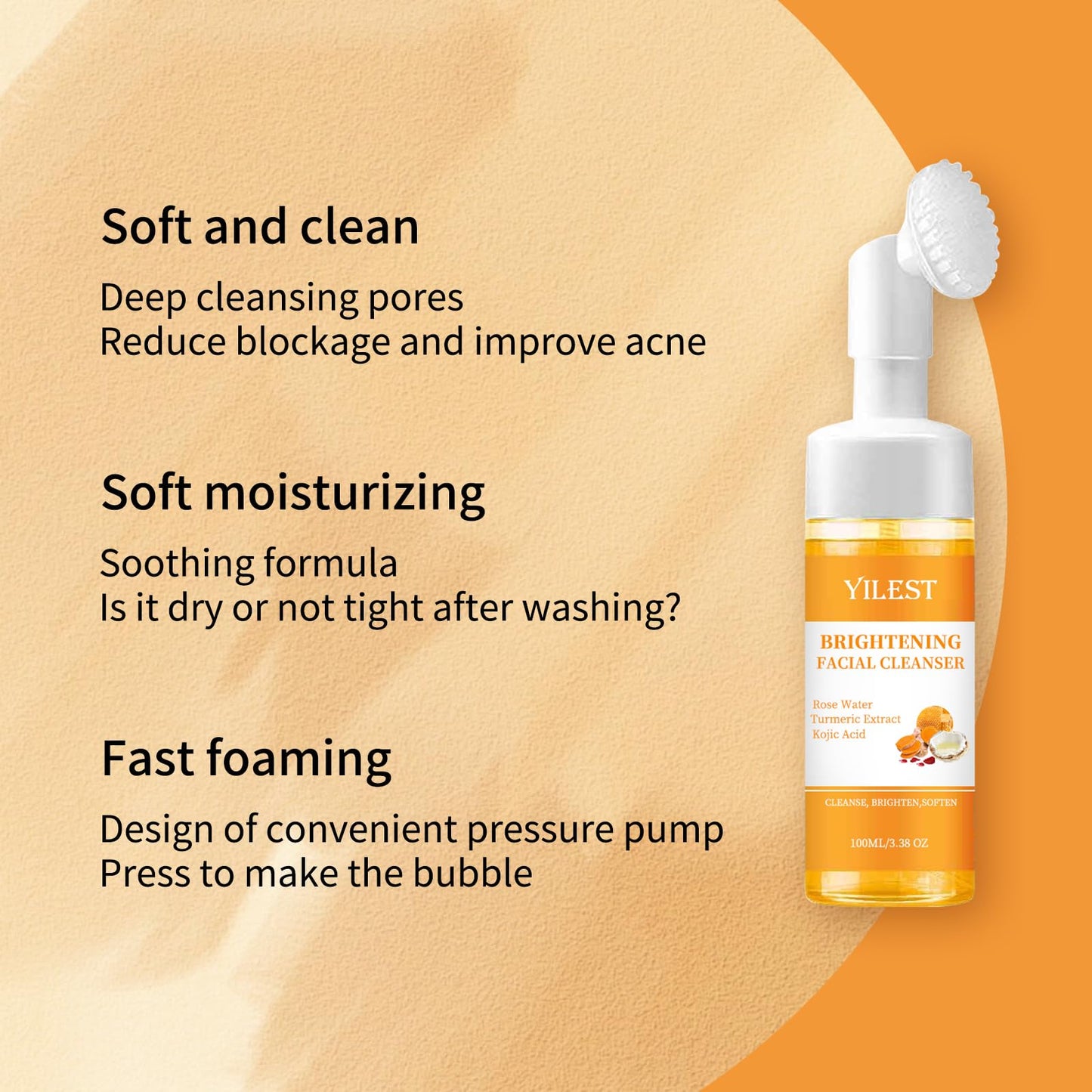 Tpyag Turmeric Facial Cleanser,100ml Face Cleanser,Soothing Cleansing Foam, Turmeric & Kojic Acid Foaming Brightening Facial Cleanser, Turmeric Cleansing Foam for All Skin Types