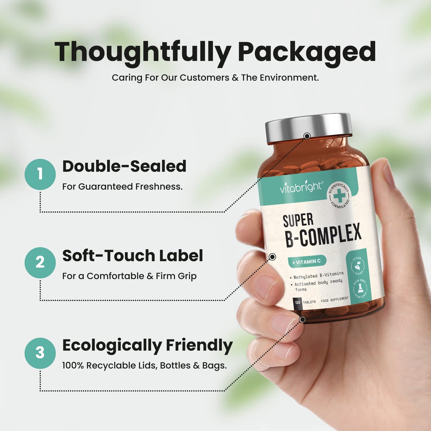 Vitamin B Complex Supplement - 11 B Vitamins (B1, B2, B3, B4, B5, B6, B7, B8, B9, B10, B12) - Plus VIT C - 120 Tablets - High Strength Advanced Formula for Easy Absorption - Made in UK by VitaBright