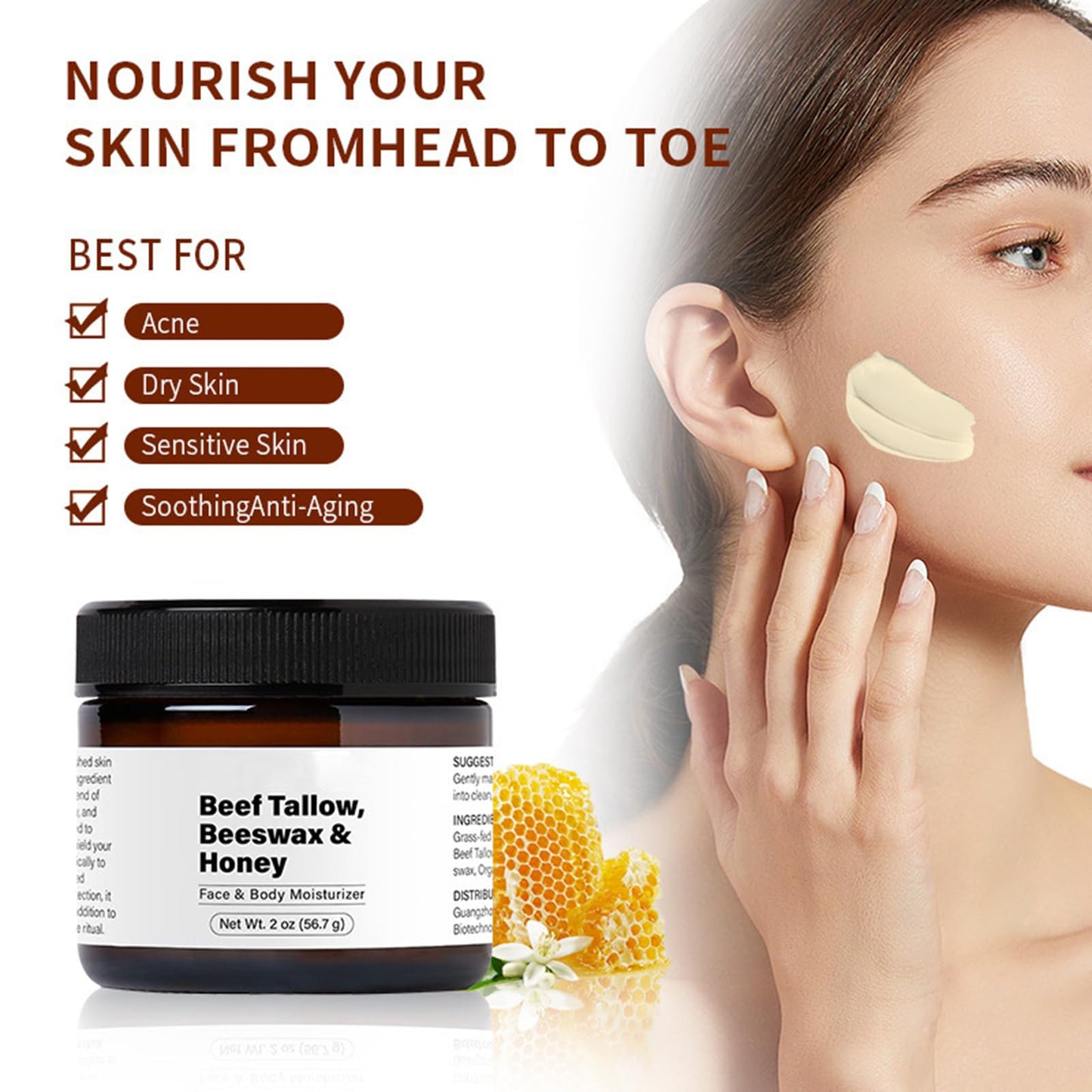 Beef Tallow Beeswax and Honey Face Moisturizer, Nourishing & Moisturizing, Purely Natural OrganicTallow Beeswax Honey Moisturizer for Face & Body - 2 oz