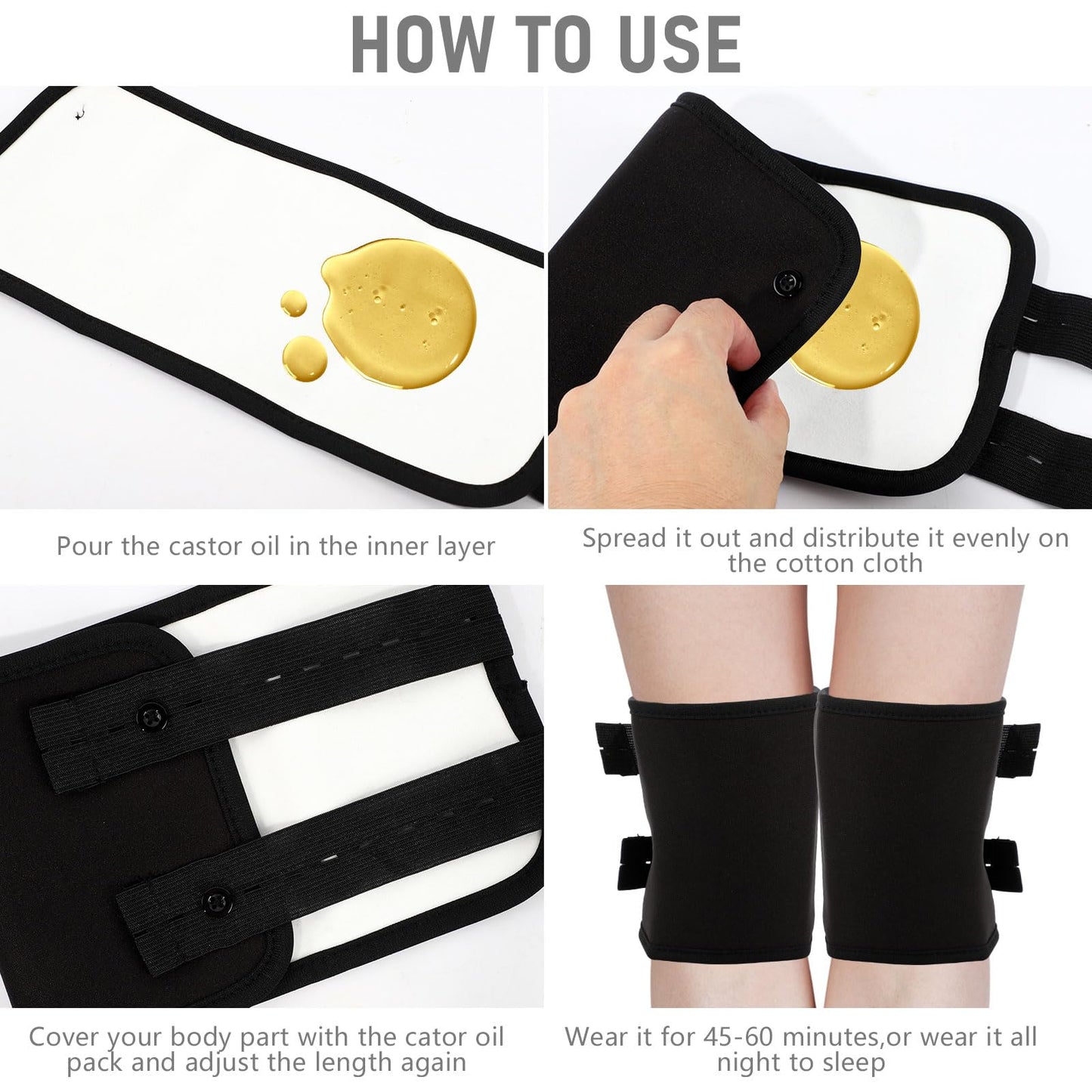 Lancry 2 PCS Castor Oil Pack Wrap Kit Knee,Reusable Castor Oil Pack with Adjustable Elastic Strap,Castor Oil Packs Organic Cotton for Feet Legs Arms Neck Calf Pain Relief (Castor Oil Not Included) (Black)
